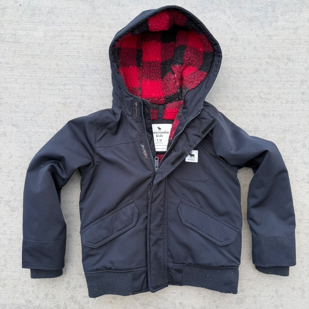 Abercrombie Kids Black Sherpa Lined Hooded Bomber Jacket Buffalo Plaid 7/8